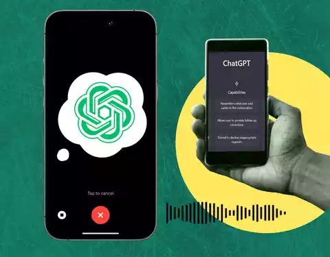 Dos celulares, el primero a la derecha muestra el logo de ChatGPT y en el izquierdo la configuración para ponerle voz